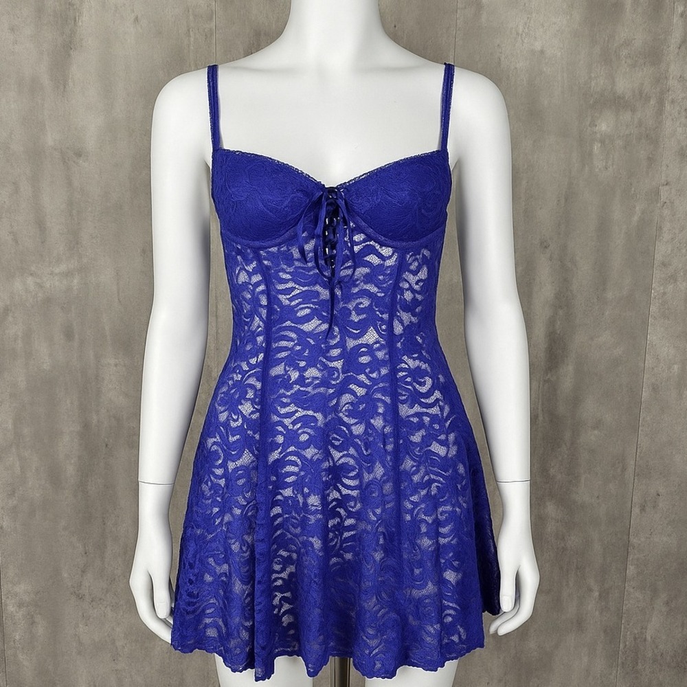 Fredericks of Hollywood Indigo Blue Lace Babydoll Lingerie Slip Dress Sexy Sheer